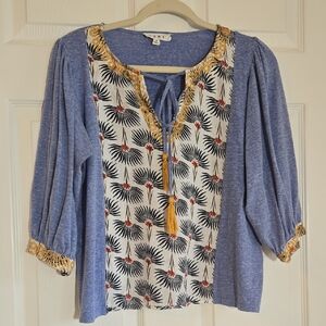 THML Light Blue Embroidered V-Neck Peasant Top Tassels Size Small